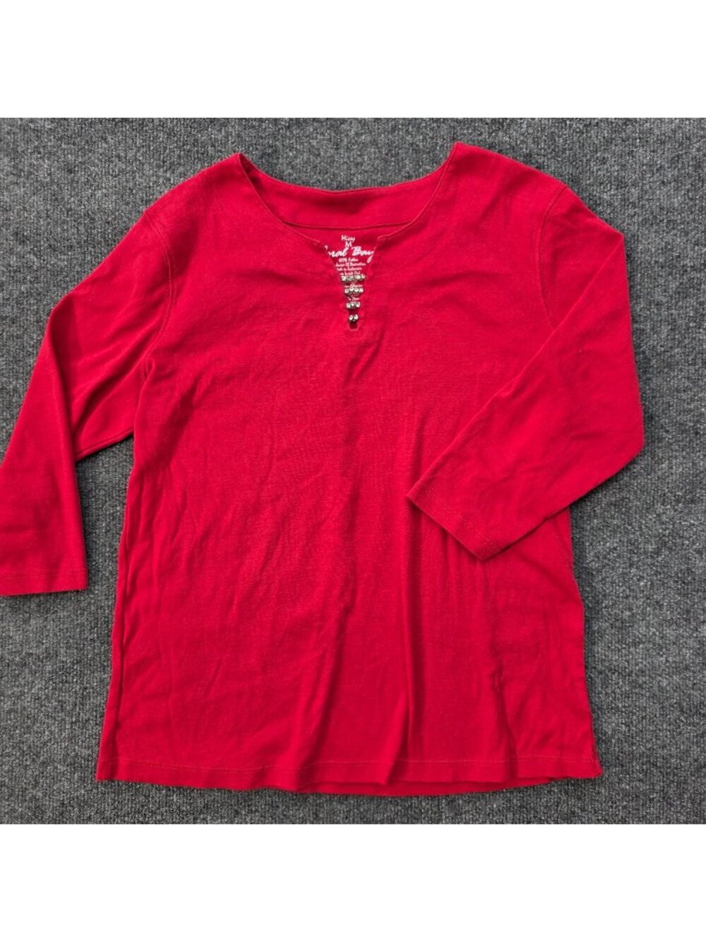 Coral Bay Cotton Rhinestone Henley Top M Red Romantic Dopamine Casual Holidays